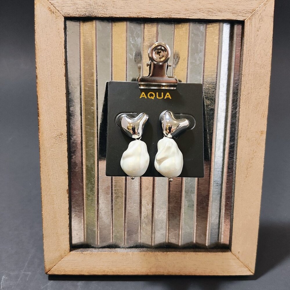 Aqua Silver Heart Rhodium Plated Imitation Pearl‎ Drop Earrings NWT